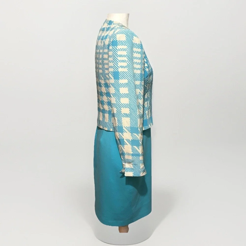 VTG David Hayes Montaldos Silk Sheath Dress Jacket Set 6 Blue White Designer 80s - Picture 4 of 14